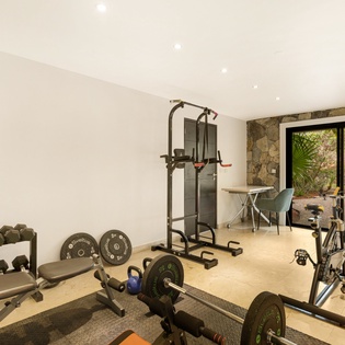 Your private fitness sanctuary awaits with professional equipment and garden views to inspire your workout routine.