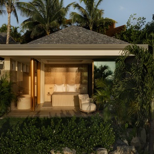 Modern tropical villa nestled among swaying palms and lush greenery, featuring contemporary architecture with natural materials.