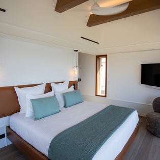 Unwind in your serene bedroom featuring modern design, exposed beams, and calming teal accents that create the perfect retreat.