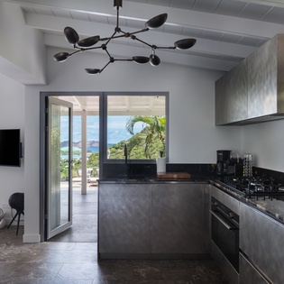 Step into your sleek modern kitchen featuring stainless steel appliances and stunning sea views through expansive windows.