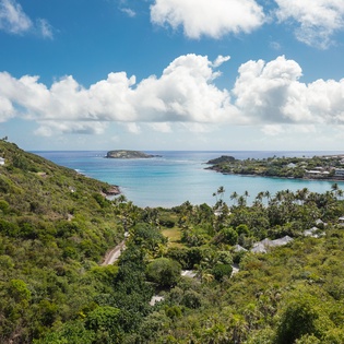 Stunning aerial view of turquoise bay surrounded by lush tropical hills and scattered island homes.
