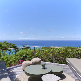 Modern terrace with stunning ocean views, framed by lush tropical gardens. Curved seating invites relaxation while overlooking turquoise waters and blue skies, a perfect coastal retreat.