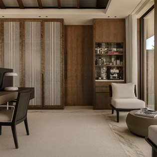 Settle into your sophisticated living space where modern comfort meets tropical elegance, complete with workspace and stunning garden views.