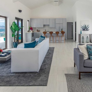 Step into your bright, open-concept haven where modern design meets coastal serenity. Sunlight pours through expansive windows, framing breathtaking ocean vistas while you relax on plush seating or gather at the sleek kitchen island.