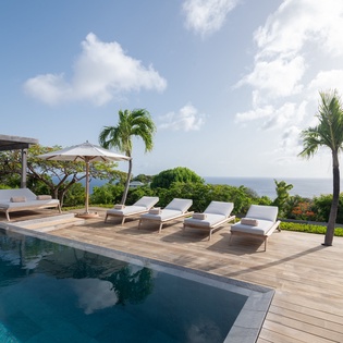 Sun-drenched pool deck overlooking the sparkling ocean, framed by swaying palms and lush tropical gardens—your private paradise for lazy days and unforgettable sunsets.