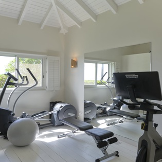 Step into your private fitness sanctuary with natural light, vaulted ceilings, and everything you need for a refreshing workout during your stay.