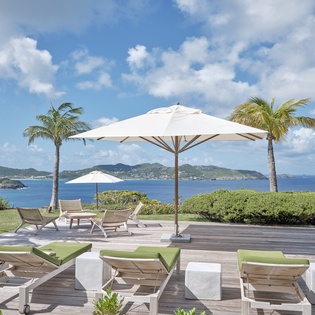 Pristine waterfront terrace with spectacular Caribbean views. Lush palm trees frame stunning ocean vistas stretching to distant hills.