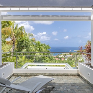 Soak in your private hot tub while gazing at stunning ocean views framed by tropical palms and lush greenery—your perfect island escape.