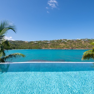 A stunning infinity pool creates the illusion of merging with crystal-clear turquoise waters beyond, framed by swaying palm trees.
