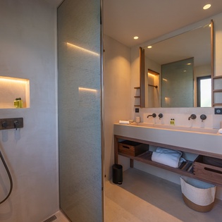 Unwind in your luxurious bathroom featuring a sleek walk-in shower, elegant double vanity with premium amenities, and sophisticated lighting.