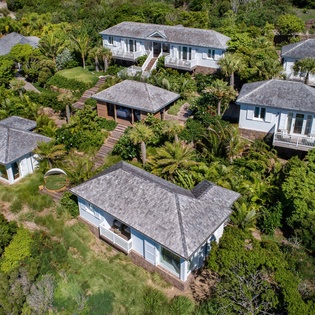 Aerial view of a peaceful coastal property cluster nestled among lush tropical greenery and mature palms, offering a secluded retreat setting.