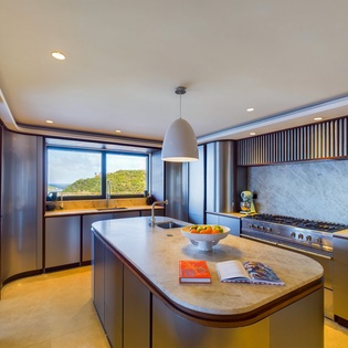 Step into your gourmet kitchen with marble countertops, professional appliances, and stunning forest views through expansive windows.