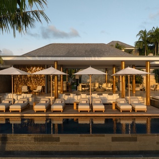 Luxurious tropical villa with pristine pool, elegant loungers, and seamless indoor-outdoor living surrounded by swaying palms.