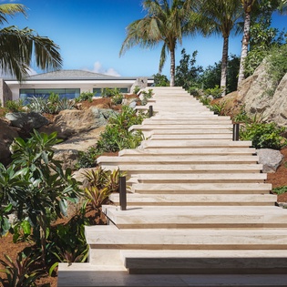 Stone steps wind through tropical gardens with palm trees and natural boulders, leading to the modern villa entrance.