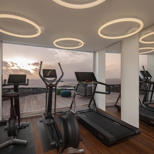 Work out with breathtaking ocean views through floor-to-ceiling windows in this modern fitness center with premium equipment.
