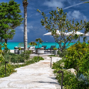 A private stone pathway leads through lush tropical gardens to a serene seating area overlooking crystal-clear turquoise waters, framed by swaying palms and vibrant greenery.
