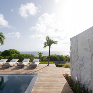 Your private poolside retreat awaits, framed by swaying palms and endless ocean views—perfect for soaking up the tropical sun in complete serenity.