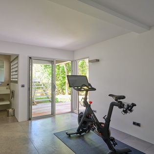 Your private fitness space awaits with modern equipment and natural light streaming through glass doors to the outdoor terrace.