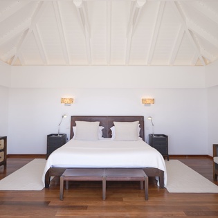 Drift off in your spacious bedroom featuring vaulted ceilings, rich hardwood floors, and crisp linens for ultimate comfort.