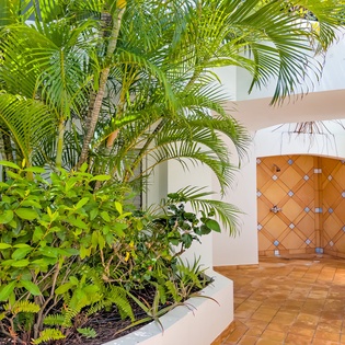 This distinctive entrance features tropical landscaping with lush palms and vibrant plantings surrounding a decorative tiled archway, welcoming guests to the property with island charm.