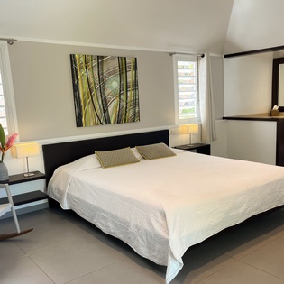 Unwind in your spacious bedroom where tropical touches meet modern elegance. Fresh flowers and warm lighting create the perfect sanctuary for rest.