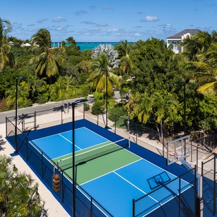 A pristine tennis court nestled in tropical paradise, surrounded by swaying palms and glimpses of turquoise waters beyond.