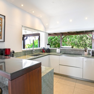 Step into this modern kitchen with sleek white cabinetry, granite countertops, and top-tier appliances. Large windows frame lush garden views, filling your cooking space with natural light and fresh greenery.