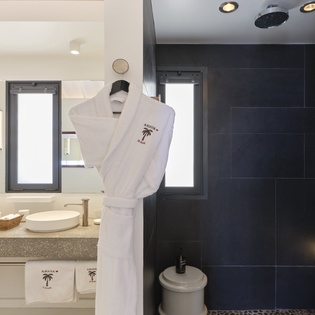 Step into your private retreat with a sleek rainfall shower, double vanities, and plush robes waiting to wrap you in comfort after a refreshing rinse.