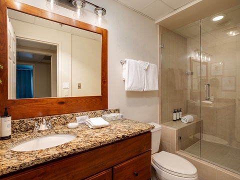 Refresh in your private bathroom with elegant granite counters, soft towels, and a spacious walk-in shower designed for your comfort.