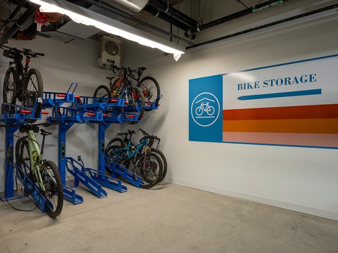 This property features a dedicated bike storage area with multi-level racks, keeping your gear secure and organized during your stay.