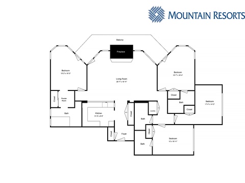 This Mountain Resorts floor plan shows a spacious layout with four bedrooms, four baths, a living room with fireplace, kitchen, balcony, and laundry—perfect for families or groups.