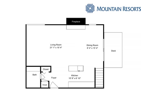Floor plan showing main-level layout with living room, dining area, kitchen, bathroom, deck, and cozy fireplace for your mountain retreat.