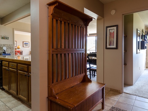 Step into your welcoming space where thoughtful details meet comfort. Store your gear in the handsome hall tree while the fully-equipped kitchen awaits your culinary adventures.