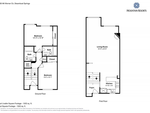 This two-story floor plan shows your 1,202 sq ft vacation rental with two bedrooms, two baths, a spacious living area, and fully-equipped kitchen—your home base in Steamboat Springs.