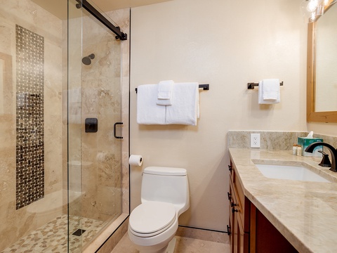 Unwind in your private spa-like bathroom with a tiled walk-in shower, soft towels, and elegant stone finishes throughout.