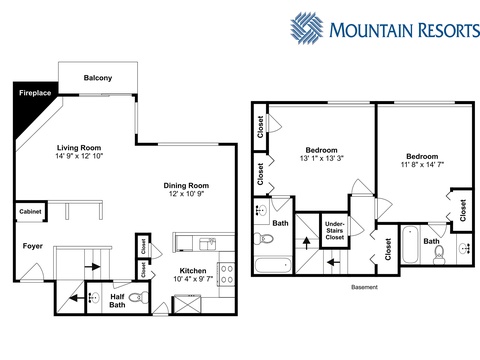 Floor plan of a spacious two-bedroom mountain retreat with open living areas, fireplace, full kitchen, and private balcony for your alpine getaway.
