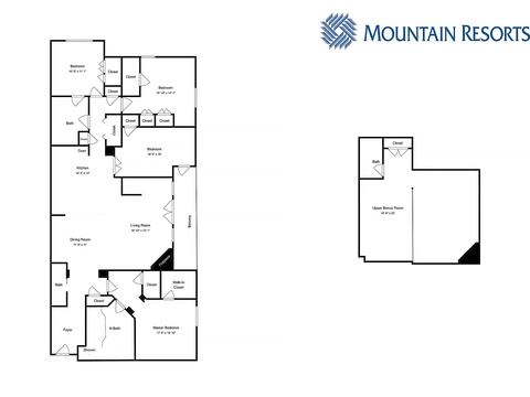 This spacious floor plan shows a four-bedroom vacation home with open living spaces, a full kitchen, multiple bathrooms, and bonus room—perfect for families or groups seeking comfort and room to spread out.