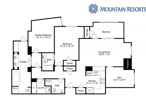 A detailed floor plan showing a spacious mountain vacation rental layout with bedrooms, bathrooms, living area, kitchen, den, and balcony.