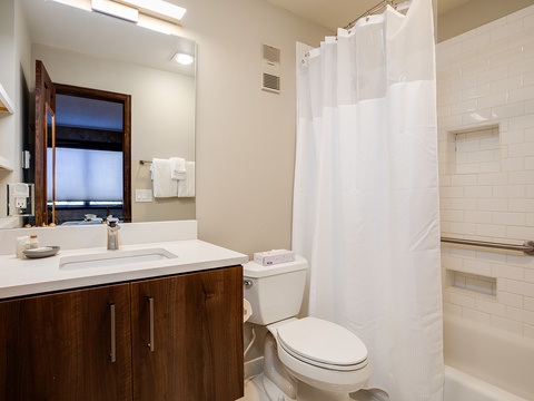 Step into your spotless, modern bathroom with a roomy tub-shower combo, skylight overhead, and fresh towels waiting—perfect for unwinding after mountain adventures.