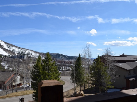 Scenic mountain resort location with snow-dusted peaks, evergreen trees, and neighboring properties visible in the surrounding area.
