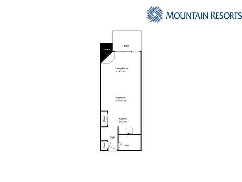 Property layout showing a one-bedroom unit with full kitchen, cozy fireplace, dedicated living space, private patio, and modern bathroom—designed for your comfort and convenience.