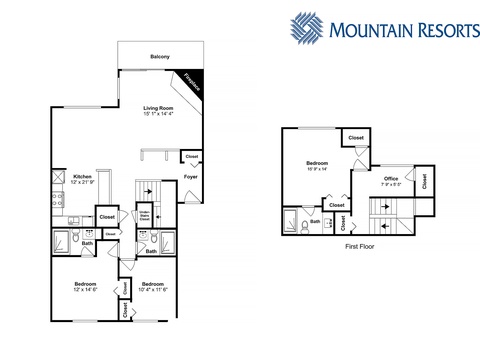 Mountain Resorts property floor plan showing multiple bedrooms, bathrooms, kitchen, living areas, and balcony across two levels with detailed room dimensions.