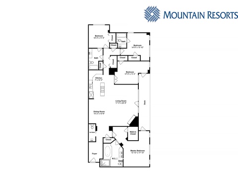 This spacious four-bedroom layout offers generous living and dining areas, a full kitchen, and ample closet space—perfect for families or groups seeking comfort and room to spread out.