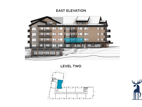 Architectural elevation and floor plan highlighting a select unit location within this multi-level alpine property structure.
