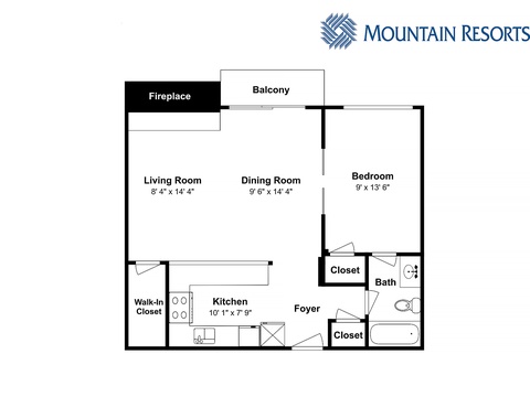 Floor plan highlighting one-bedroom layout with balcony, kitchen, dining area, and fireplace—all yours to explore during your stay.