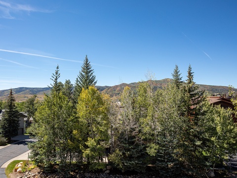 The property sits in a scenic mountain setting, surrounded by evergreens and aspens with distant peaks framing the horizon under expansive blue skies.