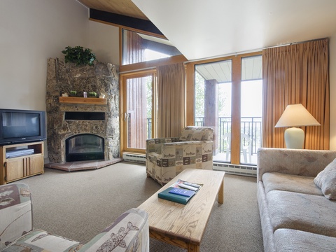 Relax in your bright, vaulted living room with a cozy stone fireplace, plush seating, and balcony access framing peaceful mountain and forest views.