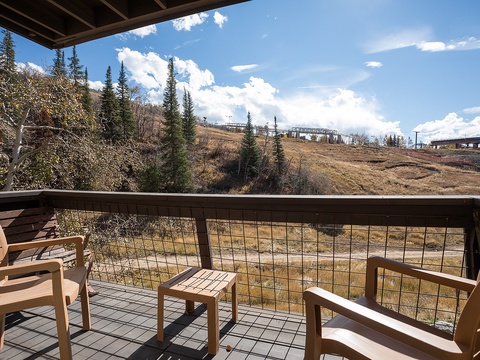 A covered terrace overlooks natural terrain and a ski slope, showcasing the property's mountain setting and outdoor seating area for relaxation.