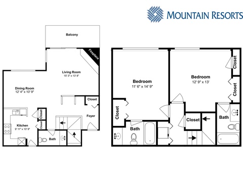 This floor plan shows a spacious two-bedroom, two-bath rental with a dedicated dining room, living area with fireplace, full kitchen, and private balcony for your mountain stay.