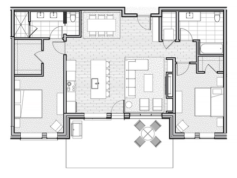 Floor plan illustrating a spacious layout with two private bedrooms, open-concept living and dining areas, a well-equipped kitchen, two full bathrooms, and a welcoming outdoor terrace.